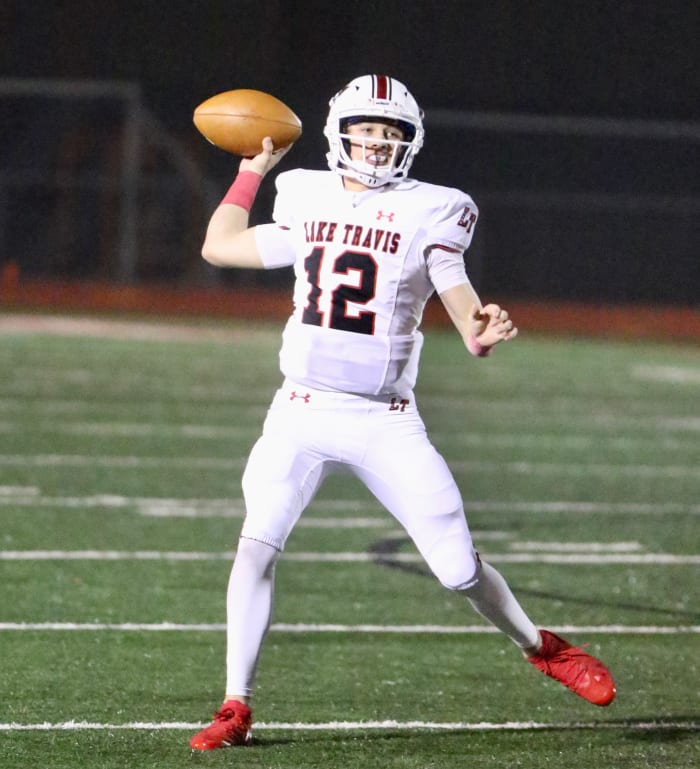 Lake Travis senior QB Kadyn Leon releases a pass during the 2022 season.